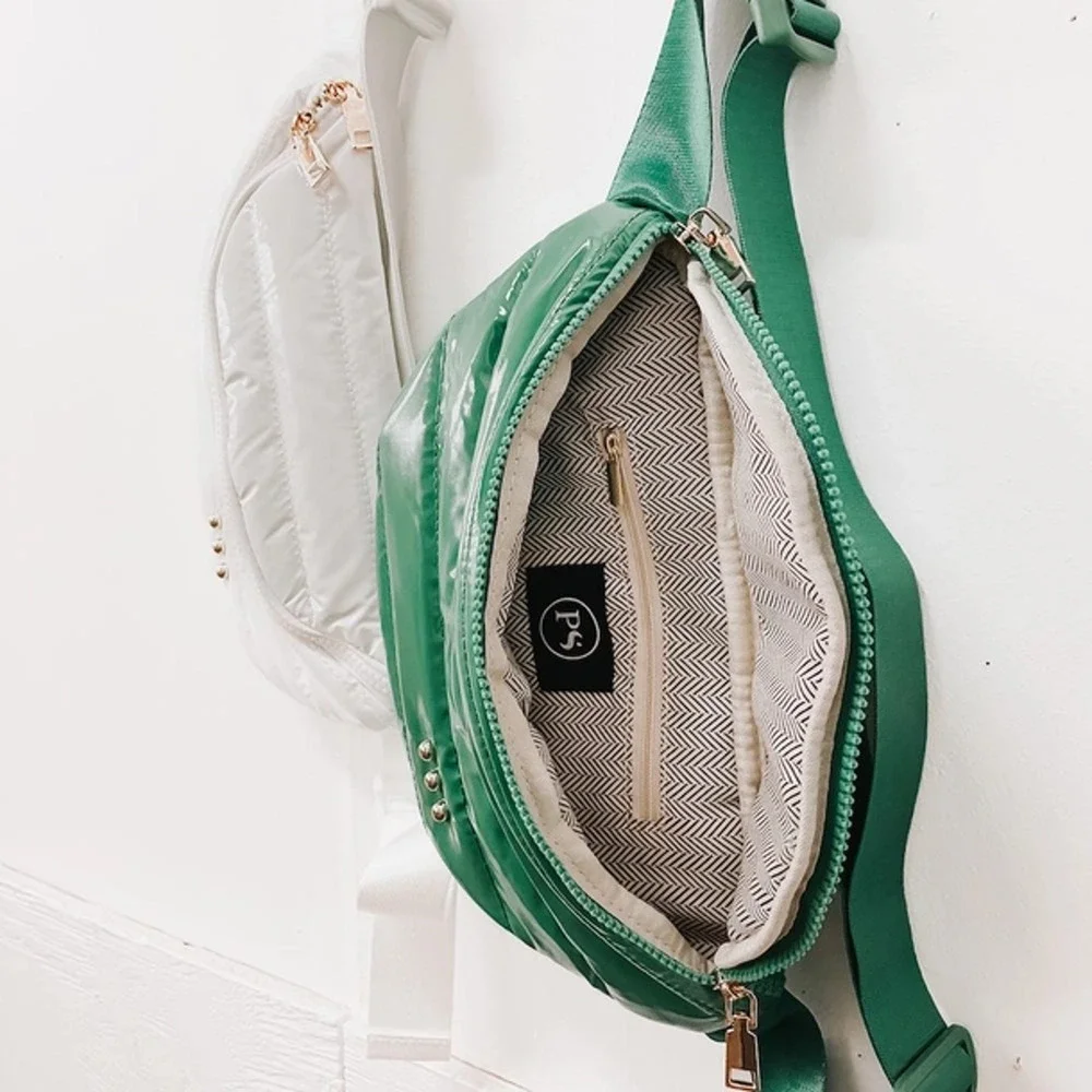 Taupe Shiny Quilted Puffer Bum Sling Crossbody Bag